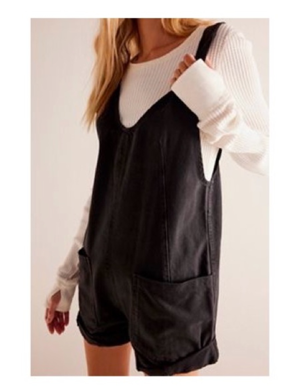 We The Free High Roller Shortall in Black Denim with Large Front Pockets